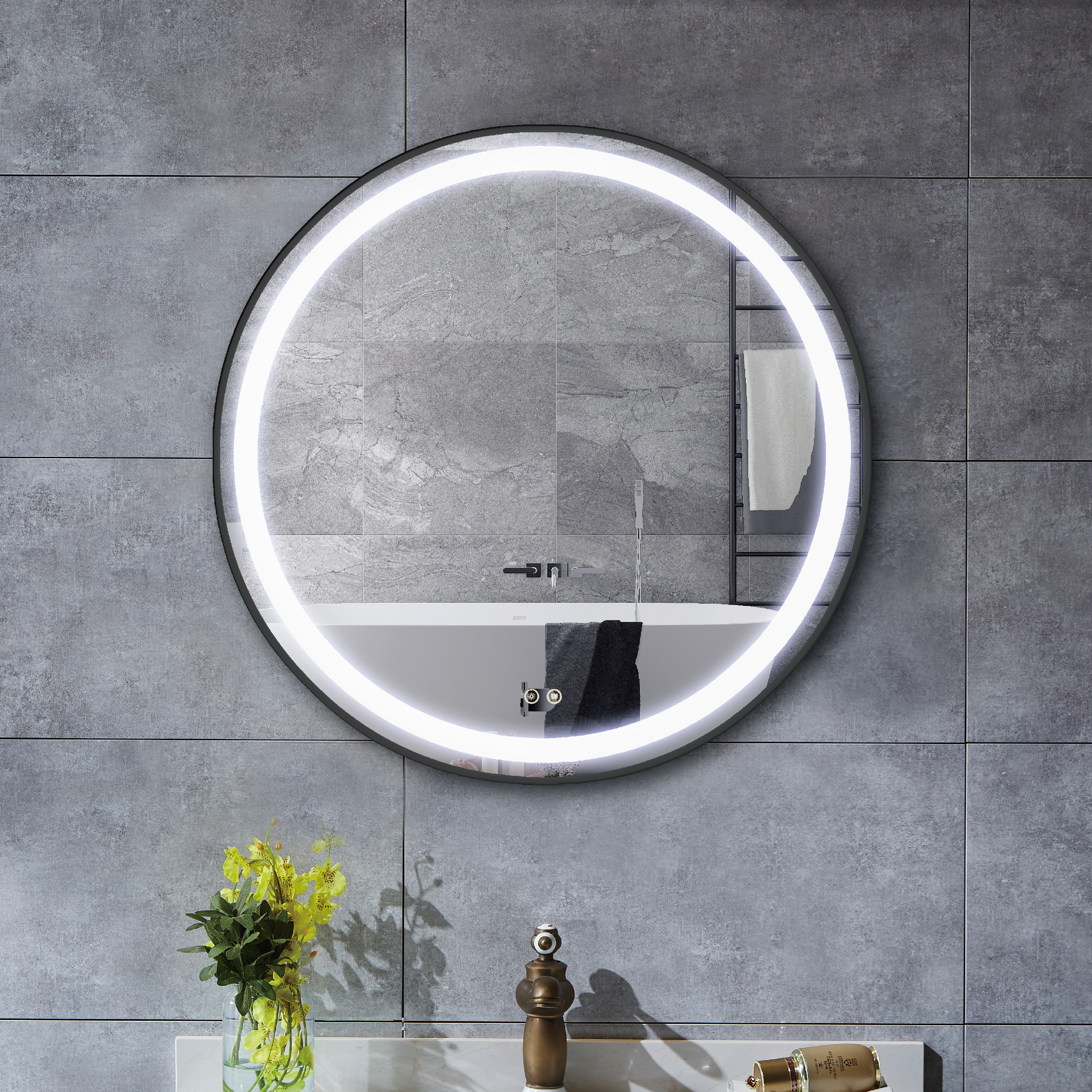 LED-Spiegel mit Lichtern rund mit schwarzem Eisenrahmen - Kaufen Sie